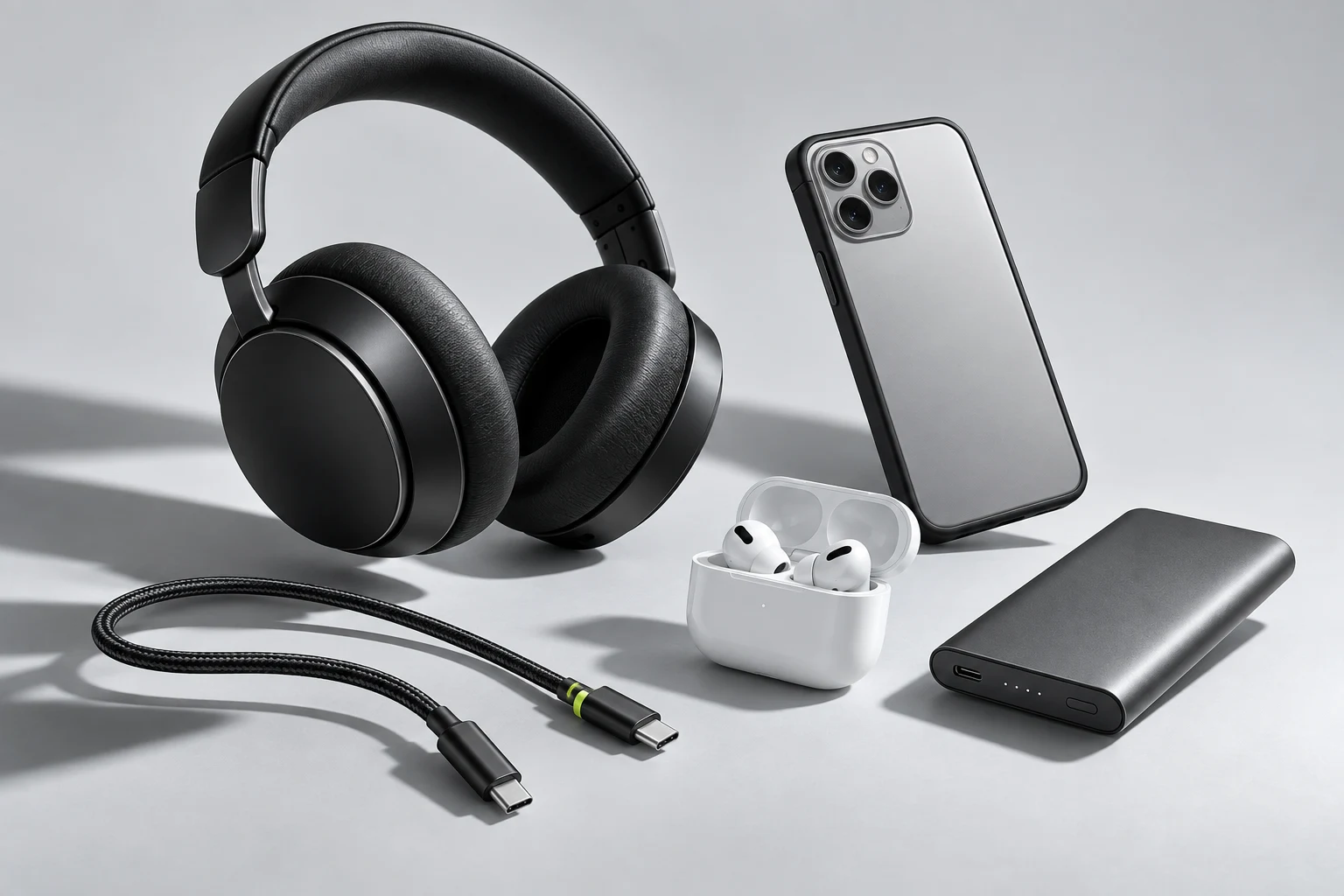 Headphones, wireless earbuds, a phone and charging accessories